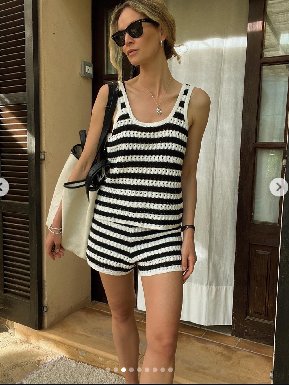 Everlane Black and White Striped Crochet Tank Shorts Set
